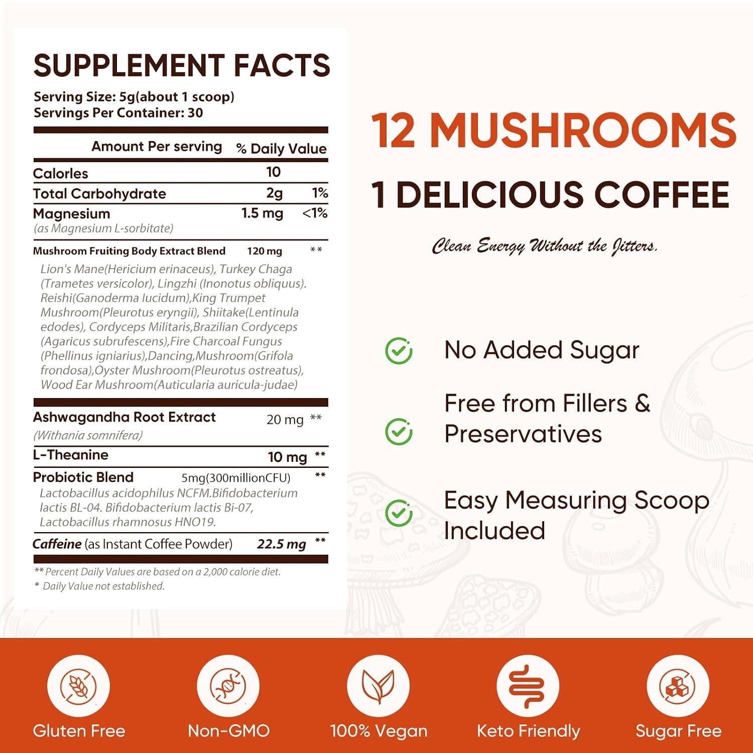 Mushroom Coffee, 12 Mushrooms Powder Blend Ashwagandha, Lion'S Mane, Chaga and Probiotics, Mushrooms Instant Coffee Latte for Focus, Gut & Immunity Health- 30 Servings