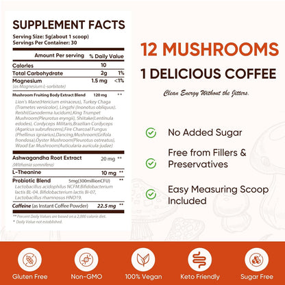 Mushroom Coffee, 12 Mushrooms Powder Blend Ashwagandha, Lion'S Mane, Chaga and Probiotics, Mushrooms Instant Coffee Latte for Focus, Gut & Immunity Health- 30 Servings