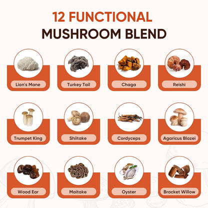 Mushroom Coffee, 12 Mushrooms Powder Blend Ashwagandha, Lion'S Mane, Chaga and Probiotics, Mushrooms Instant Coffee Latte for Focus, Gut & Immunity Health- 30 Servings