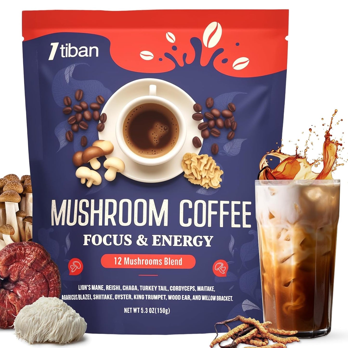 Mushroom Coffee, 12 Mushrooms Powder Blend Ashwagandha, Lion'S Mane, Chaga and Probiotics, Mushrooms Instant Coffee Latte for Focus, Gut & Immunity Health- 30 Servings