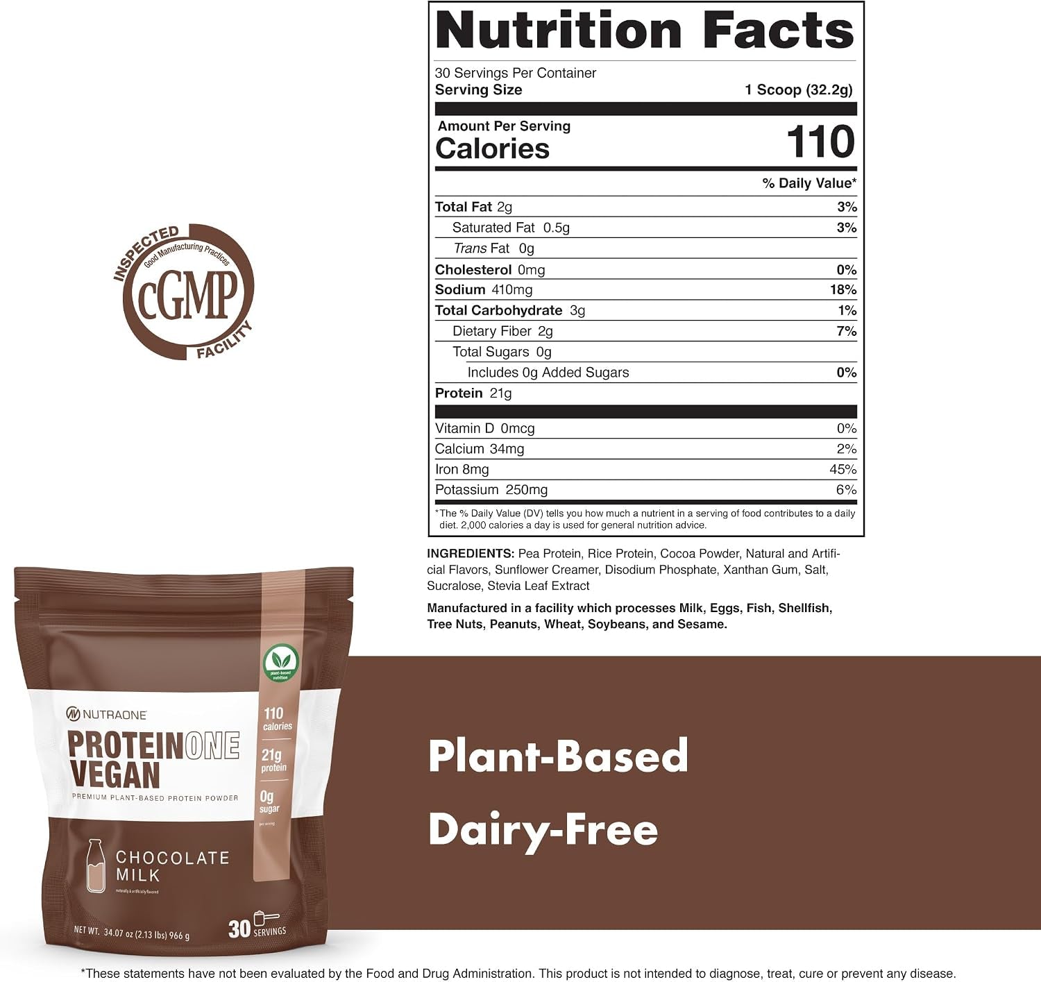 Proteinone Vegan Plant-Based Protein Powder Vegan Protein Powder, Dairy-Free, Pea and Rice Protein (Chocolate Milk)